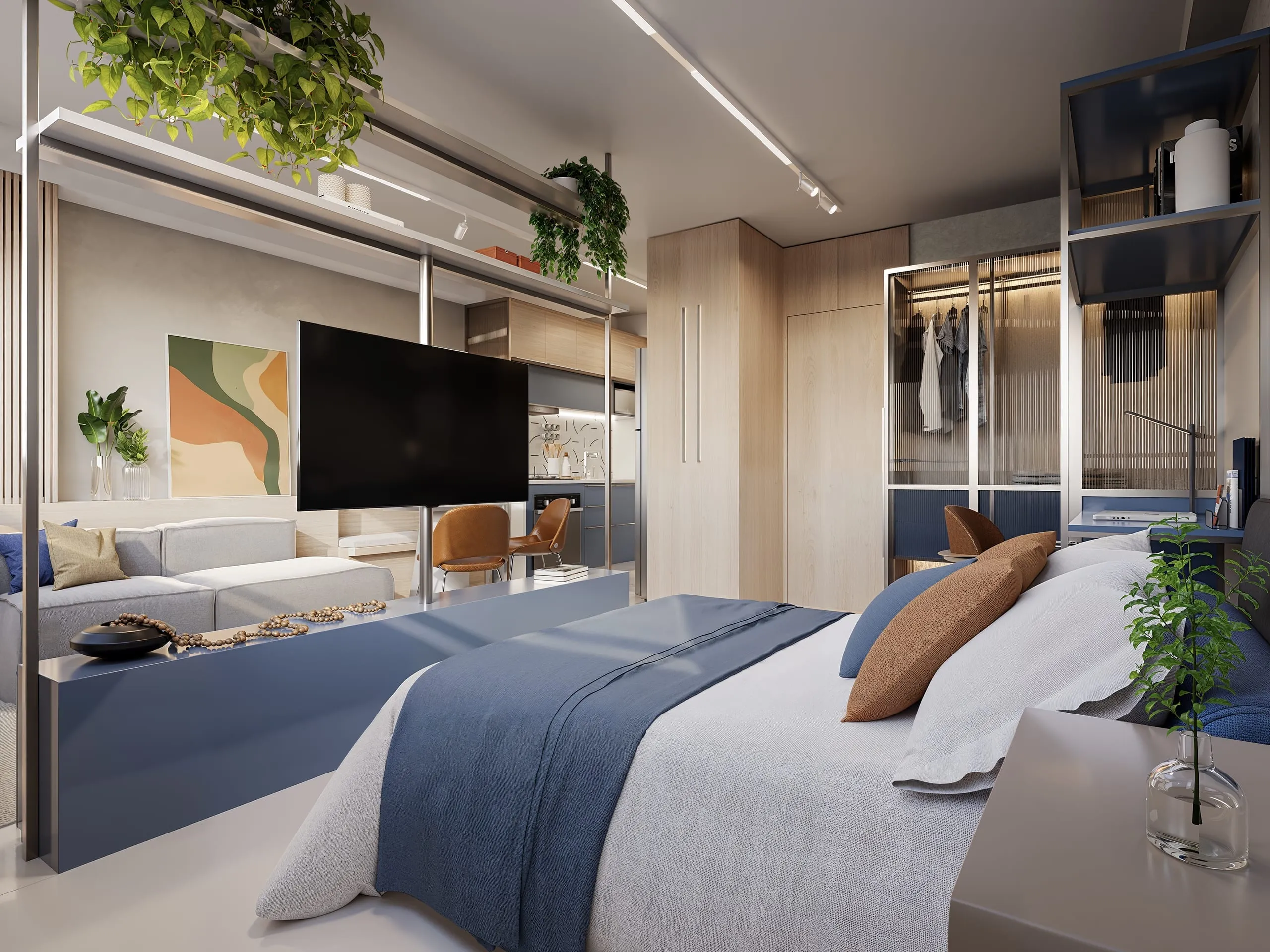 Quarto ampliado do apartamento de 1 dormitório