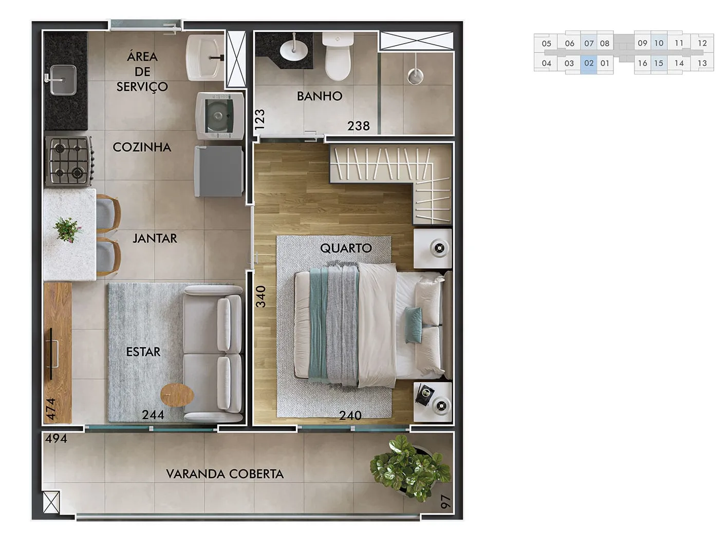 Planta do apartamento de 1 dormitório, 30,85 m², finais 2, 7, 10 e 15