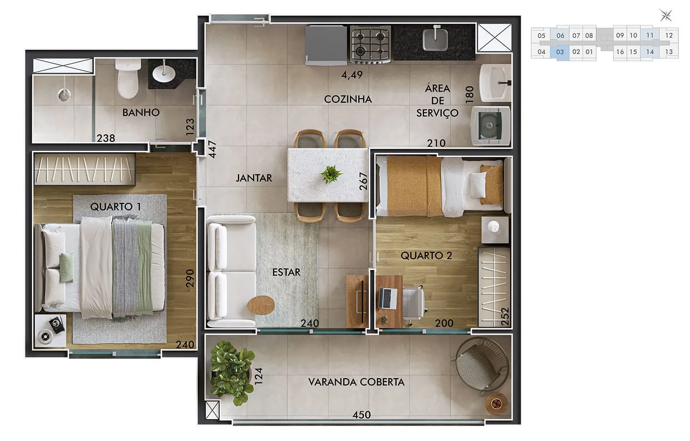 Planta do apartamento de 2 dormitórios, 39,89 m², finais 3, 6, 11 e 14