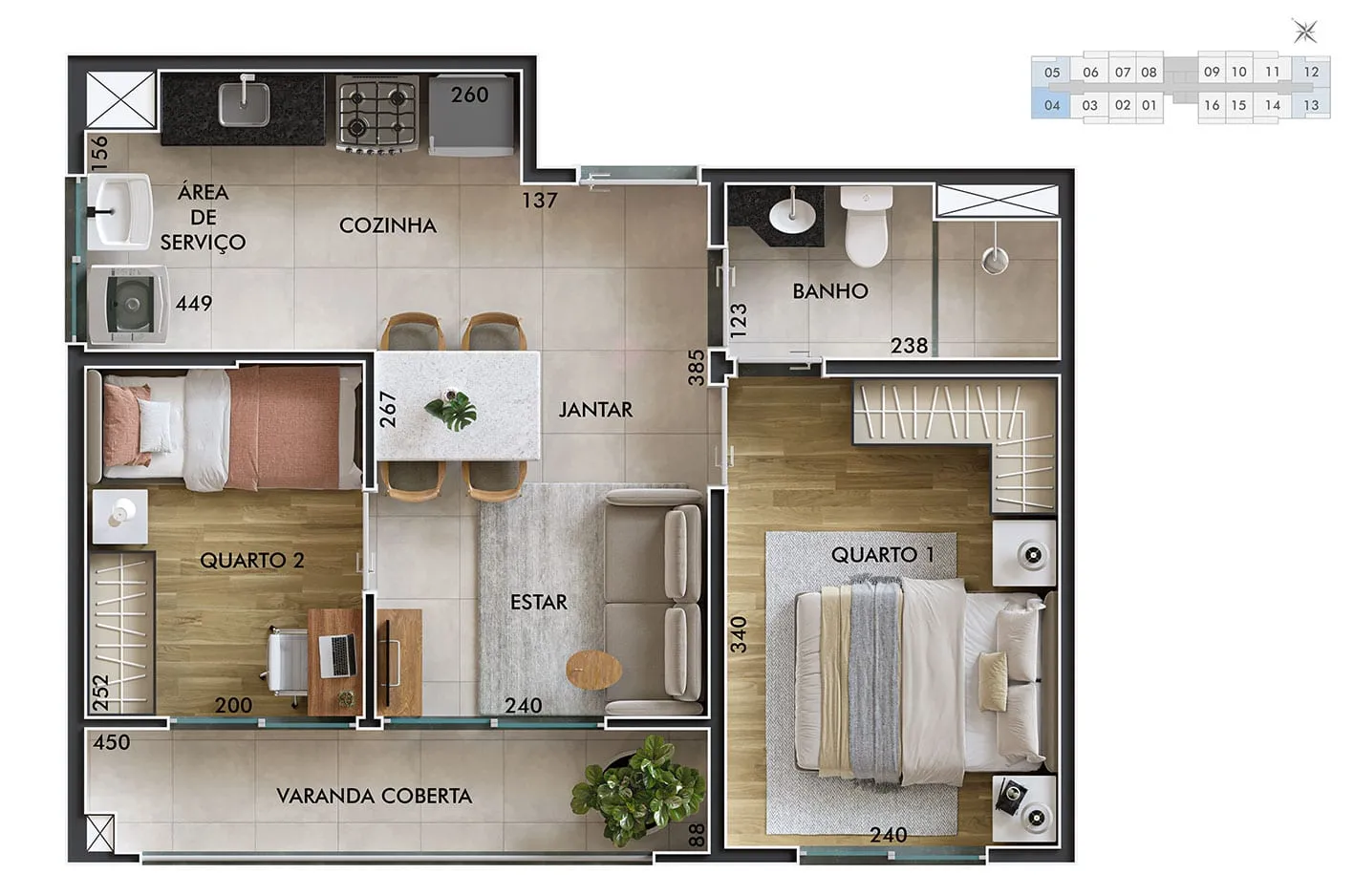 Planta do apartamento de 2 dormitórios, 39,48 m², finais 4, 5, 12 e 13